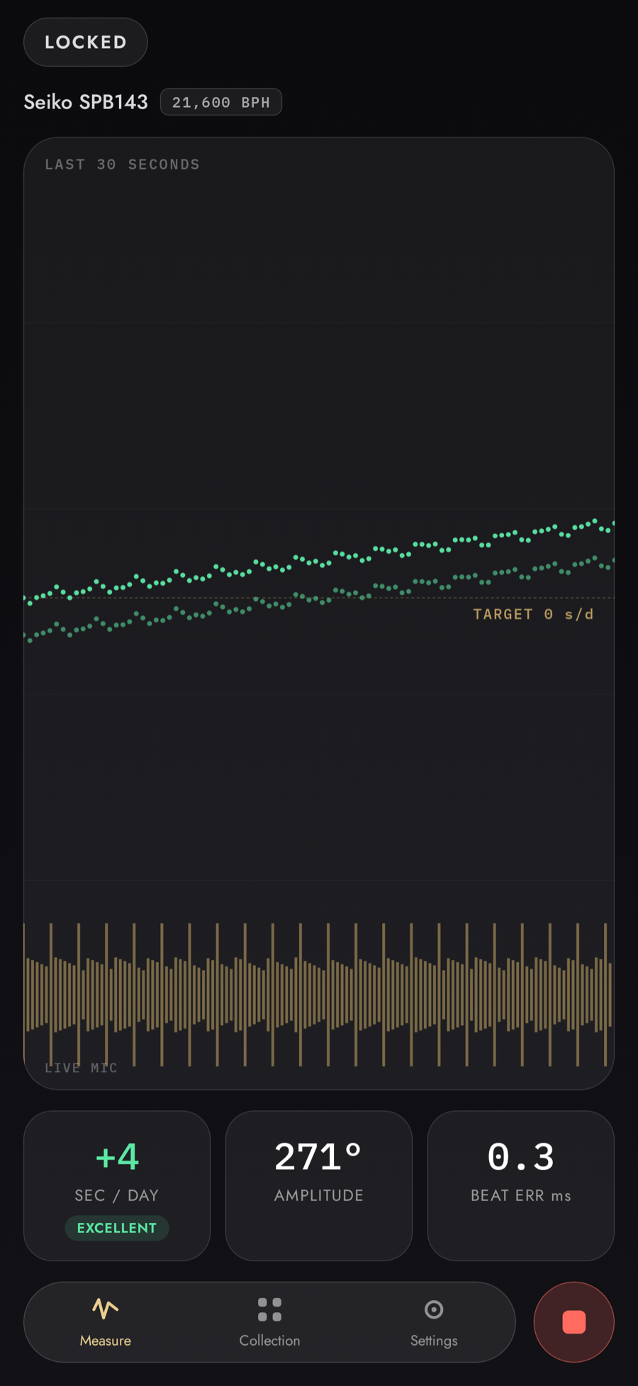 Anglage live measurement screen showing rate, beat error, and amplitude with a paperstrip trace