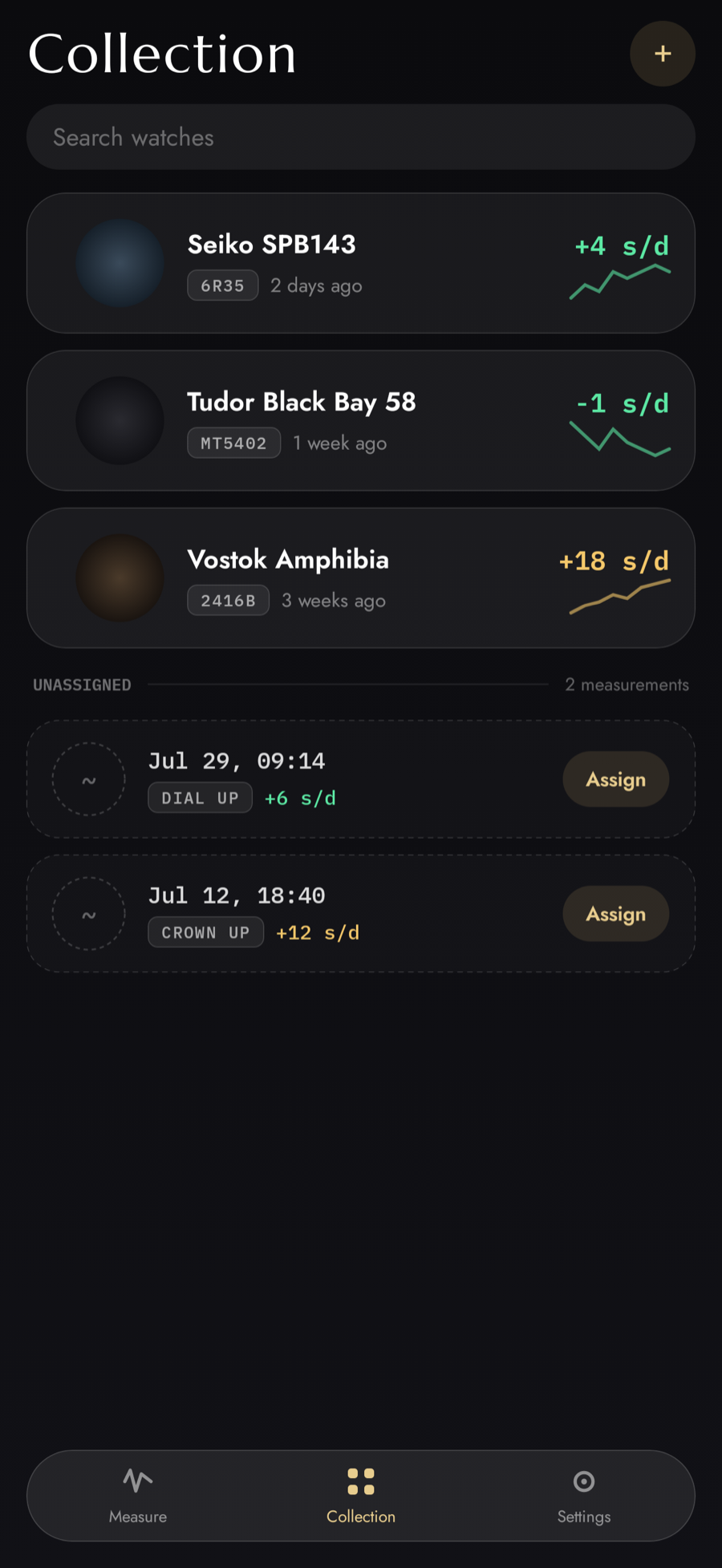 Collection screen listing multiple watches with their last measured rate