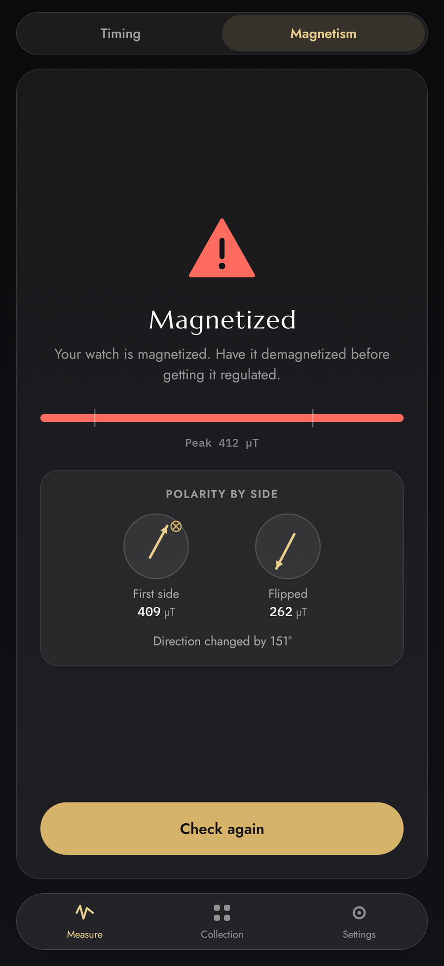 Magnetism check result showing the field on each side of the watch and how far its direction turned when flipped